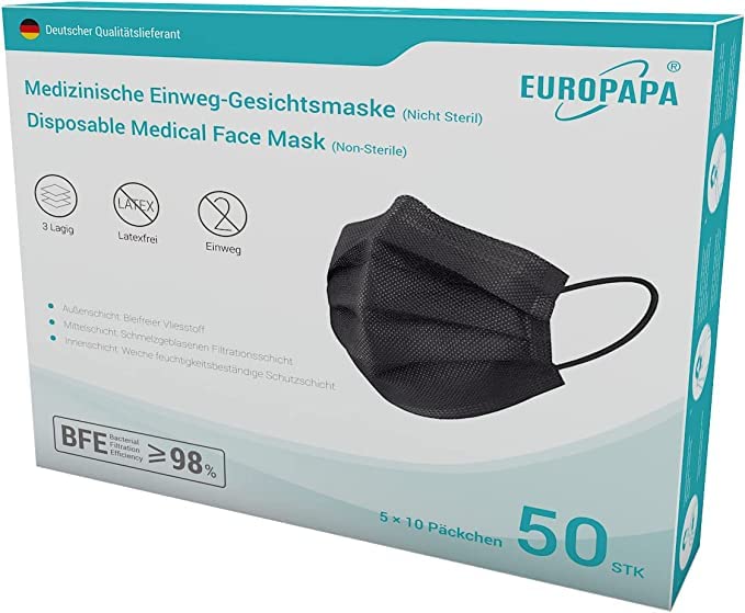 vente chaude EUROPAPA® 50x noir médical type IIR norme EN 14683 masques faciaux certifiés masques chirurgicaux masque facial 3 couches masque jetable BFE ≥ 98% QKwbvV1j9 pas cher