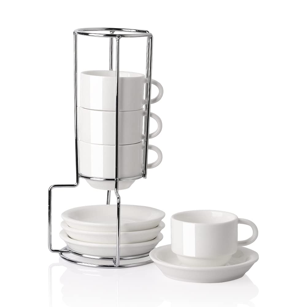 Exclusif SWEEJAR Home Lot de 4 tasses à expresso en porcelaine avec soucoupes, 74 ml empilables avec support en métal pour boissons à café, latte, thé (blanc) ByJtDi5SN Vente chaude