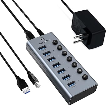 stylé  7 Ports Hub USB Alimenté, AYCLIF Hub USB 3.0 avec commutateurs individuels LED avec Adaptateur d´alimentation Câble Long de 1m pour MacBook, Surface, Dell, Ordinateur Portable, PC, HHD, SSD Lc7O8MYu6 Vente chaude