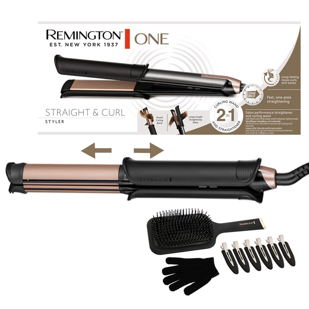 vente chaude Remington ONE Lisseur & boucleur cheveux [2en1] Straight&Curl (Embouts flexibles: mode lissage et boucles 32 mm, vérouillage des plaques, contrôle température 150-230°C, brosse et pinces incl.) S6078 rnOaPBsmz Haute Quaity