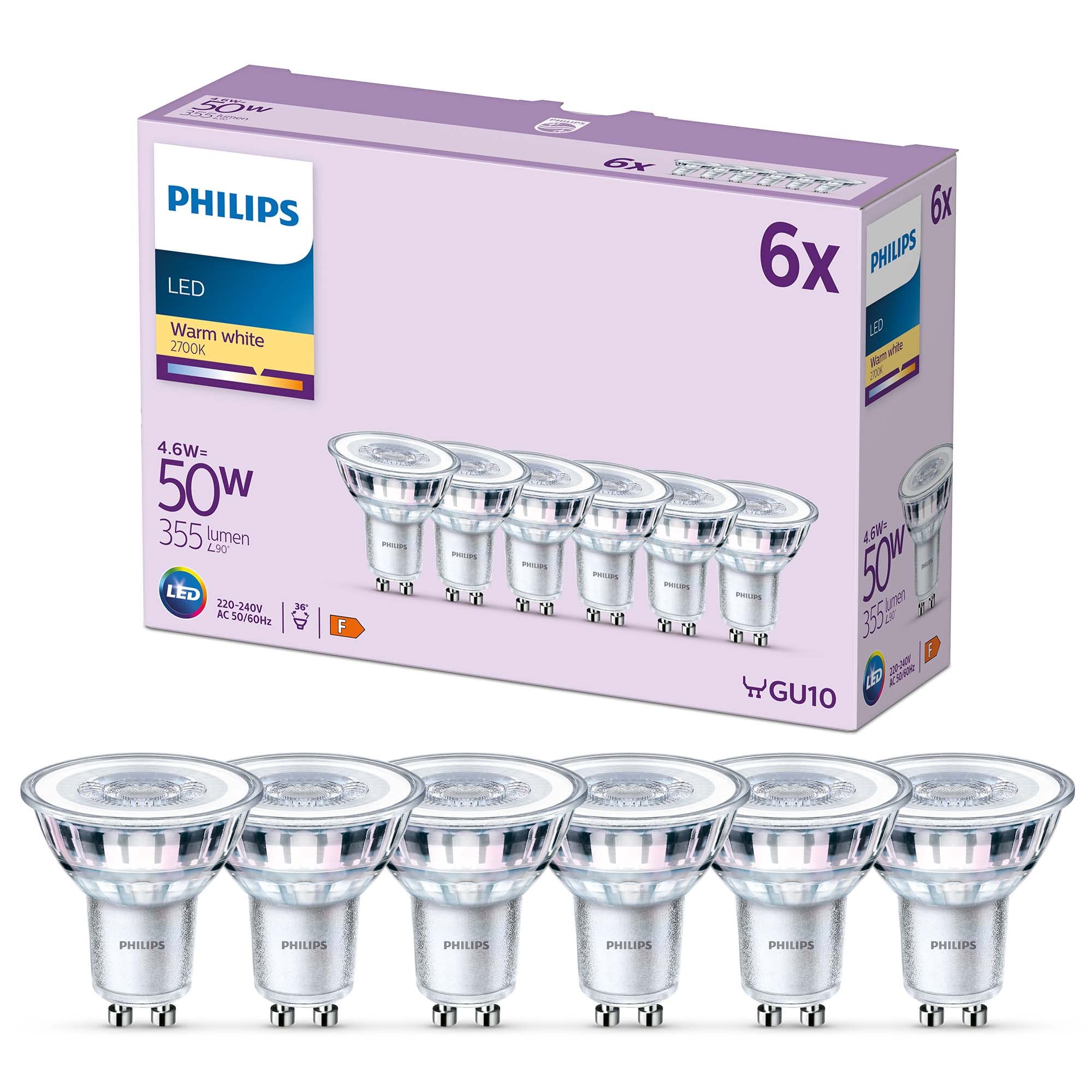 Populaire Philips pack de 6 ampoules LED GU10, 50W, blanc chaud he1FYePvS meilleure vente