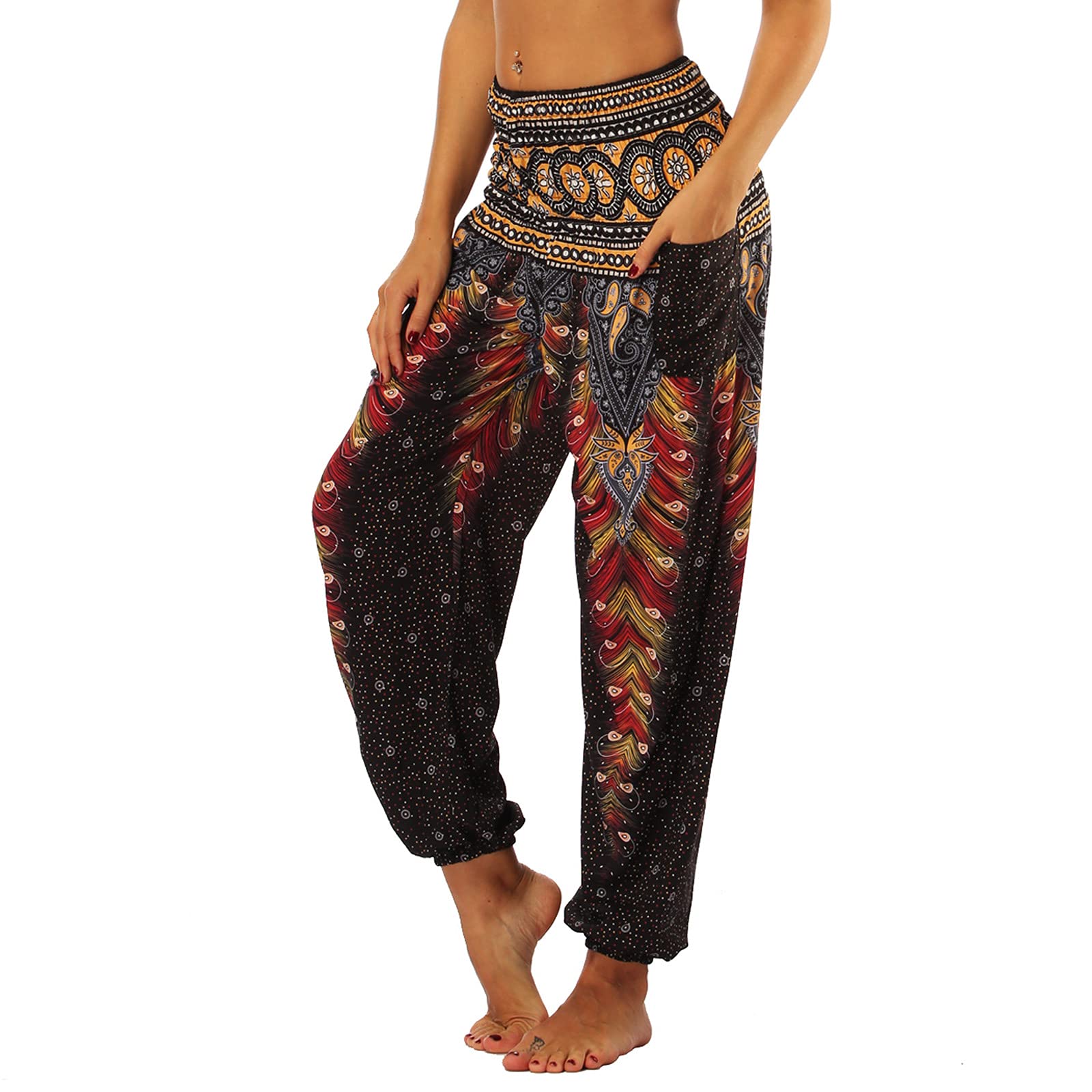 acheter Nuofengkudu Femme Harem Pantalon Yoga Sarouel Legers Hippie Baggy Léger Ethnique Calqué Smockée Taille Haute avec Poches Été Plage yhAqAftYe Haute Quaity