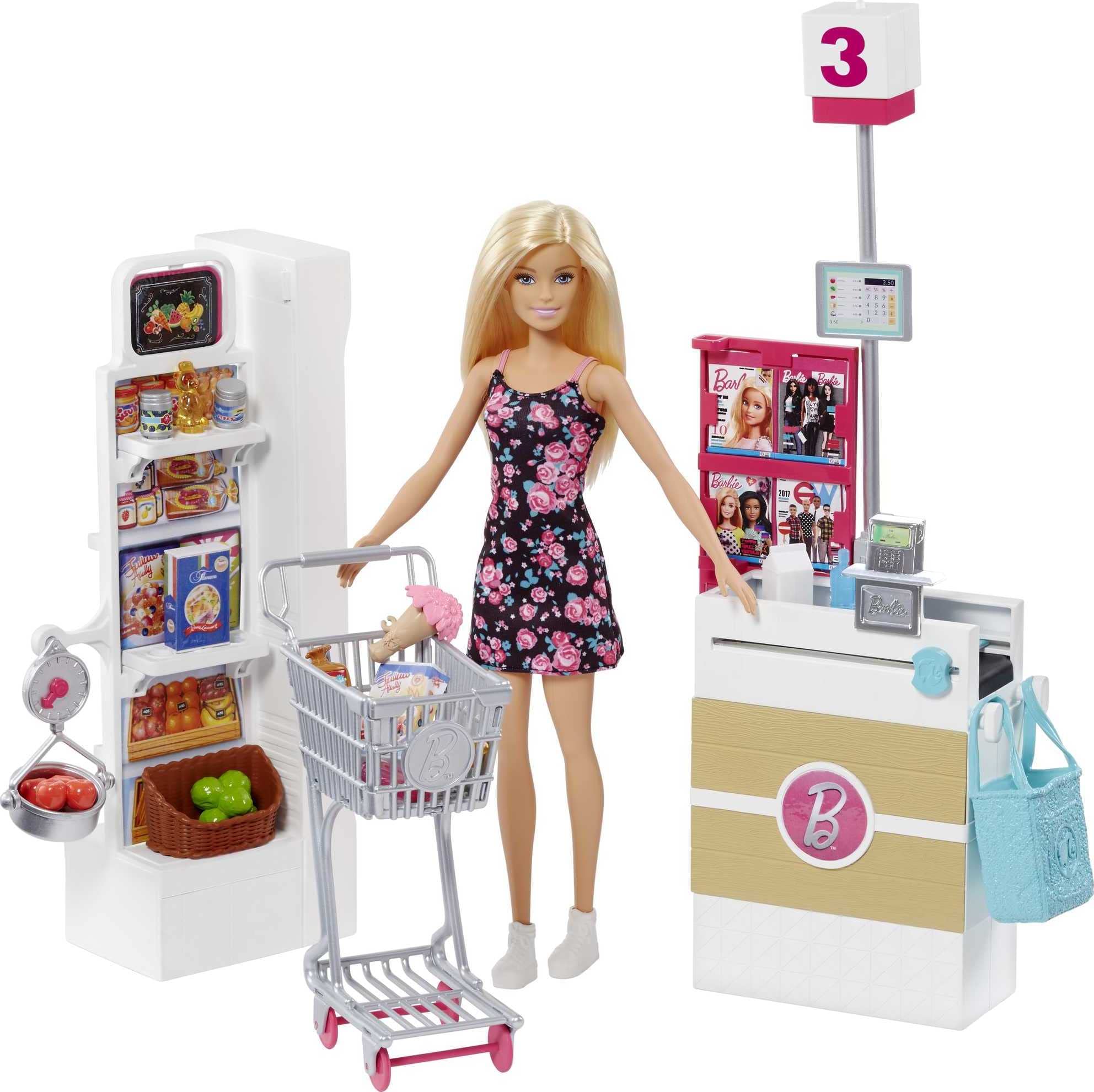 acheter Barbie Mobilier Coffret Supermarché fourni avec poupée à robe fleurie, rayon de marchandise, caisse et accessoires, jouet pour enfant, FRP01 1GU7bZxyA meilleure vente