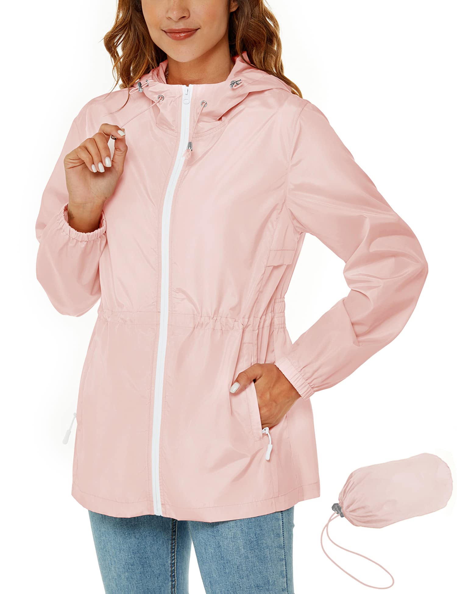 bien vendre Rapbin Imperméable pour femmes, veste de pluie légère et pliable, avec capuche et poche, style trench-coat ducLW6fm3 en vente