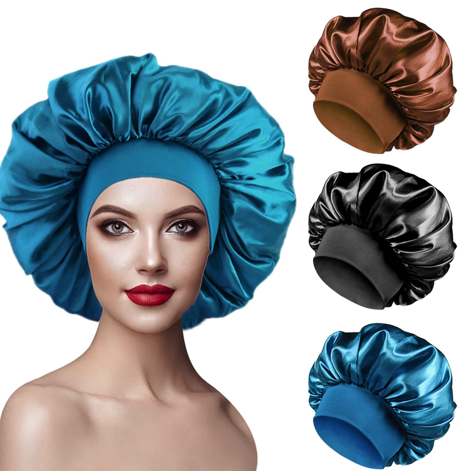 grand choix 3pcs Bonnet en Satin Cheveux Nuit, Bonnet Soie Femme Élastique pour Protection Cheveux Longs Bouclés (Noir, Bleu, Café) HgPrXktbV meilleure vente
