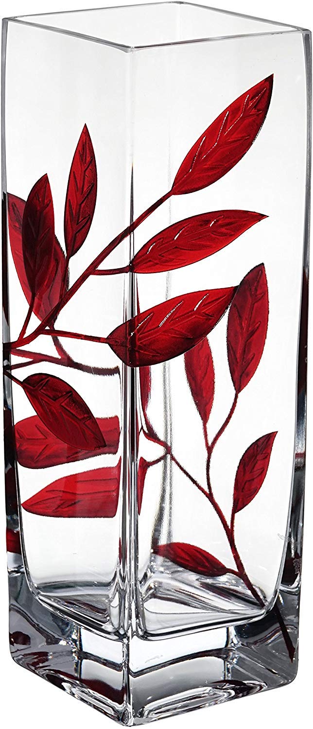Tendance  Anna´s Exclusive Decor Vase en Verre Soufflé à la Main - Décoré avec des Feuilles Rouges Sablées et Peintes - dans Un Coffret Cadeau Doré - Vase Carré Rubis - 25 cm 39aisP6hj en vente