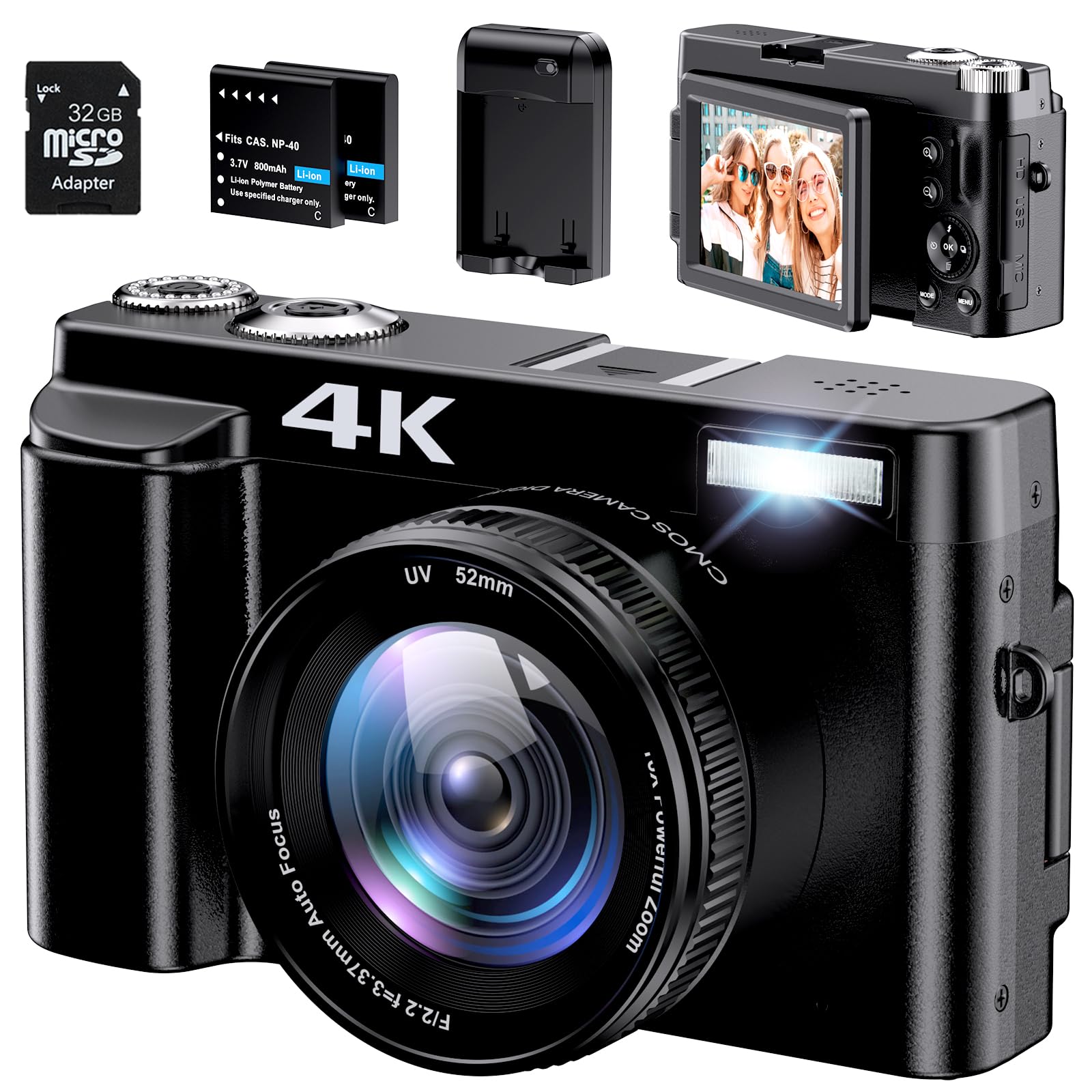 boutique en ligne Appareil Photo Numérique Compact 4K avec 32G Carte, 48MP Apareile de Photo Autofocus avec UV Lentille 3
