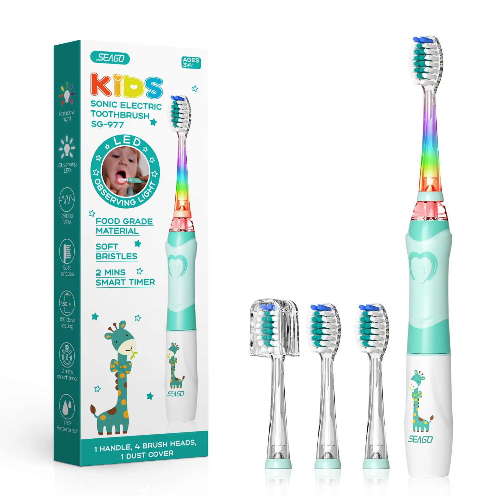 Promotions Seago Brosse à dents pour enfants avec lumière colorée, technologie Sonic et 3 têtes de extra douces, minuterie de 2 minutes, convient aux enfants de plus de 3 ans SG977(Vert)…… t6B6MWiQd stylé 
