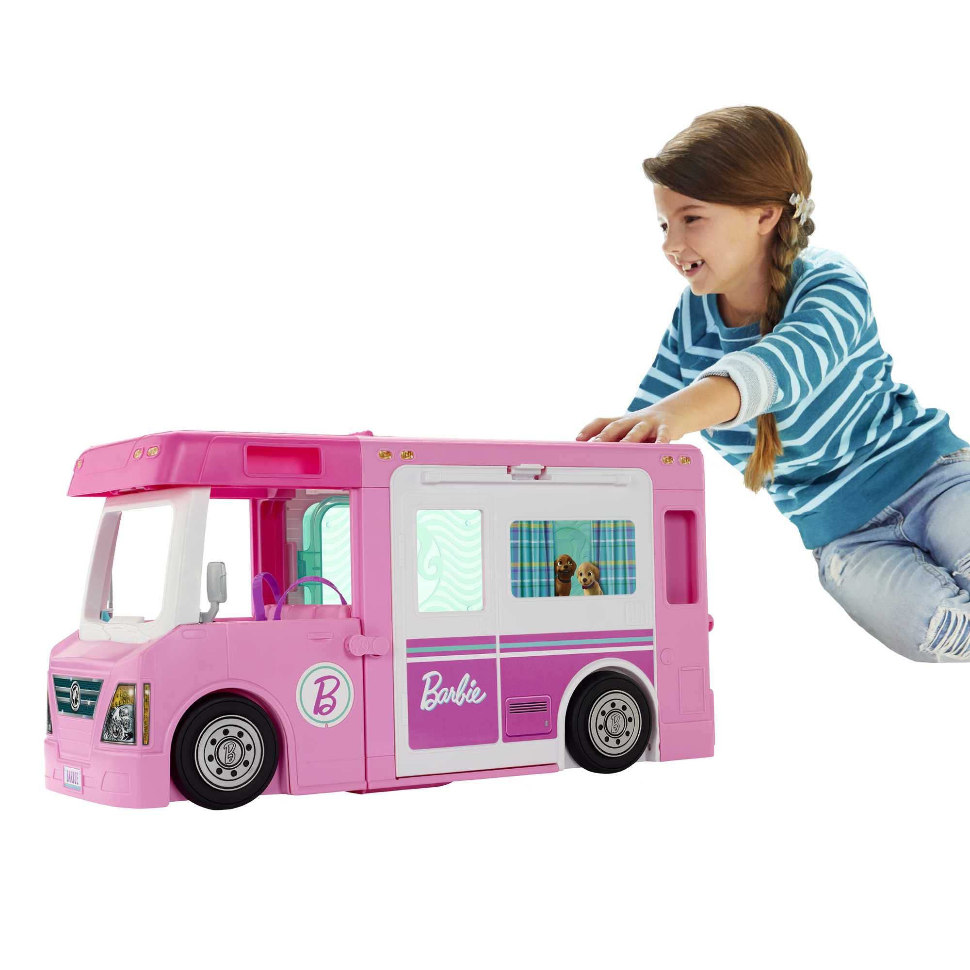 Populaire Barbie Camping-Car De Rêve 3-en-1, Entièrement Meublé avec Piscine, Pick-Up 4 Places, Et Bateau, Plus de 60 Accessoires Inclus, Un Camping-Car, Jouet pour Enfant de 3 Ans et Plus, GHL93 xLqD117DY stylé 