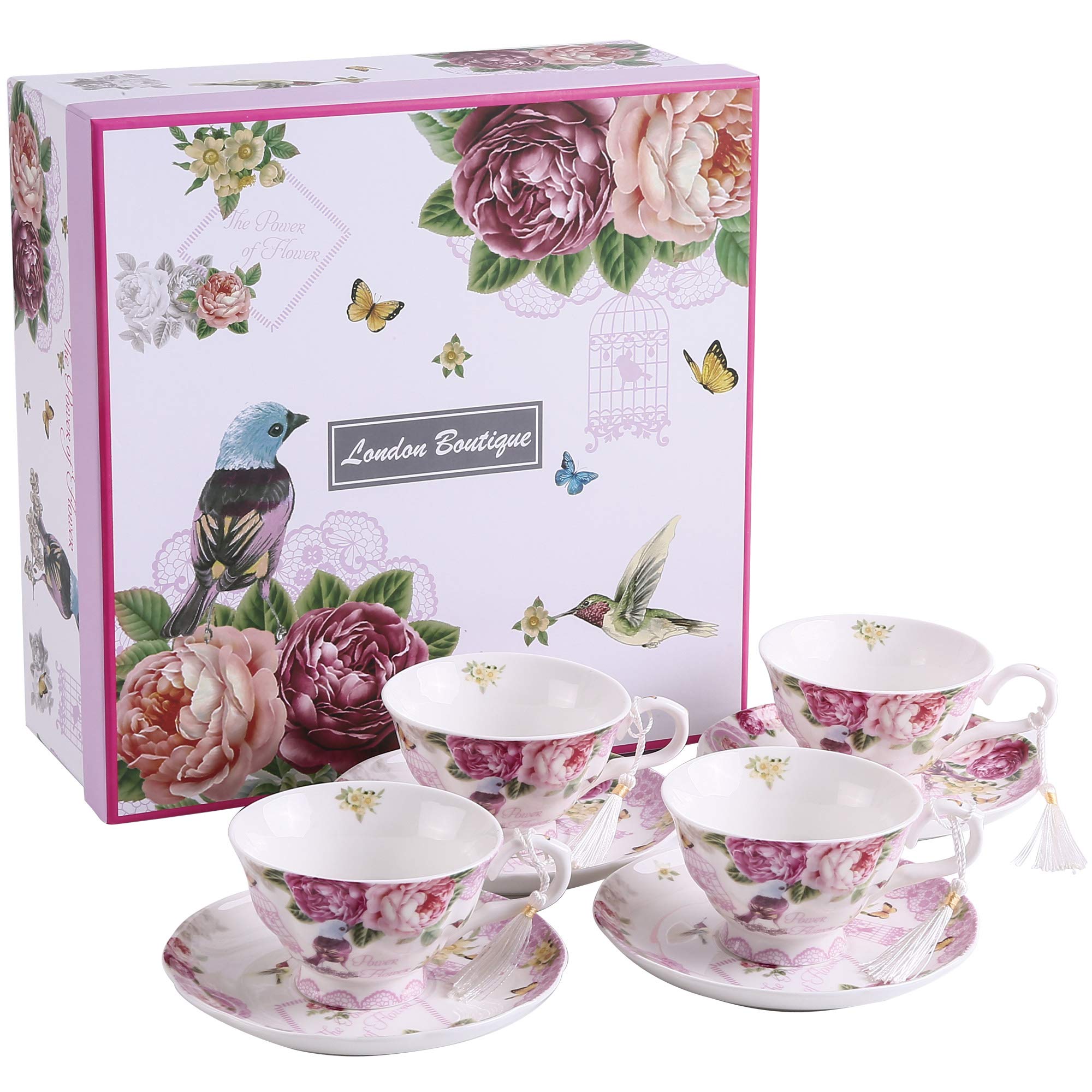 stylé  Coffret cadeau de 4 Tasses à café/thé avec soucoupes en porcelaine et motifs de fleurs, papillons et oiseaux, style rétro chic, Céramique, Bird Rose Butterfly, 11x8cm 1ZfBmRXjA boutique en ligne