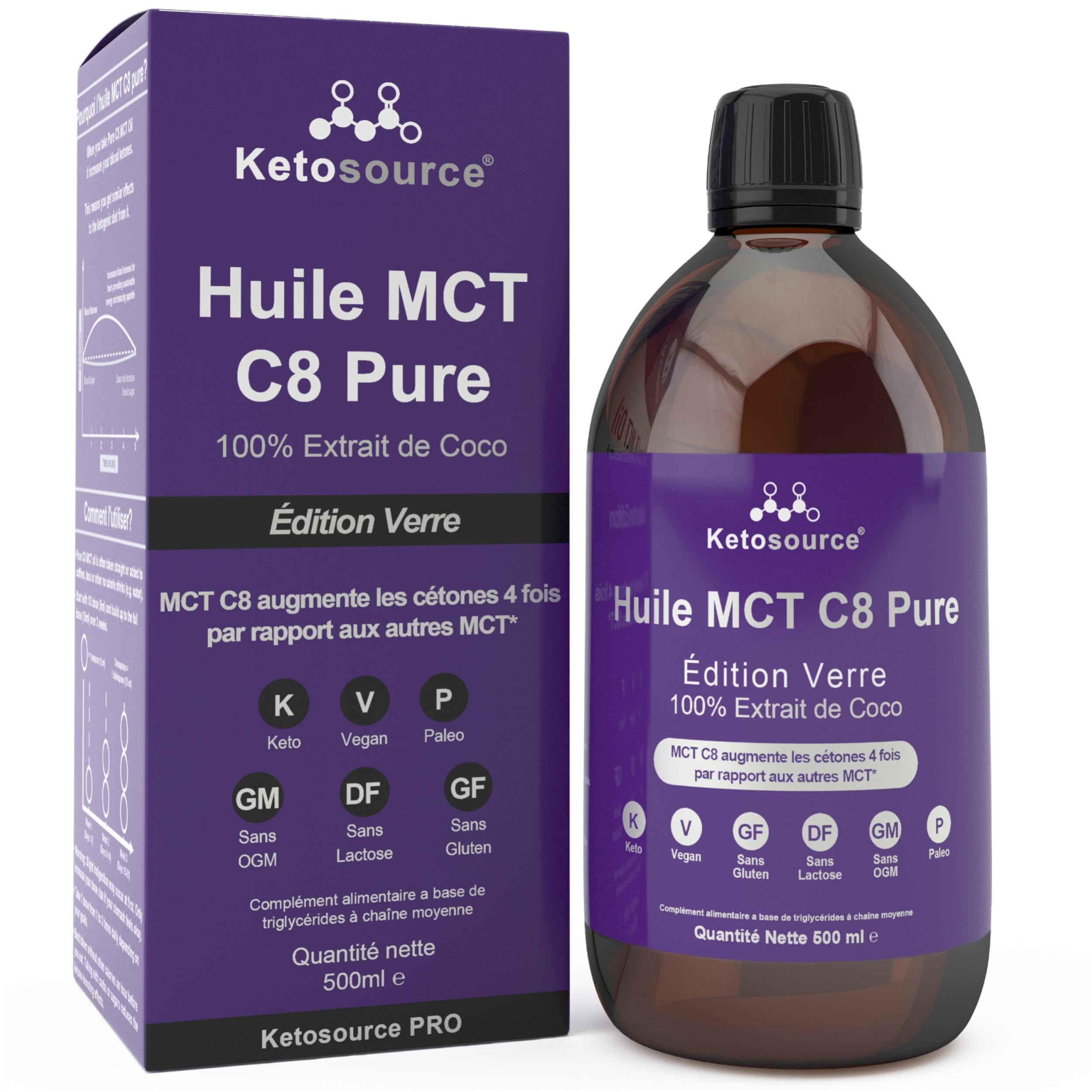 Haute Qualité Huile MCT Pure C8 | Bouteille en verre | Produit 4 fois plus de cétones que les autres huiles MCT | Pureté élevée 99%+ | 100% noix de coco | Conforme au Keto et au jeûne | 500 ml | Ketosource® zqDJ0POEx tout pour vous